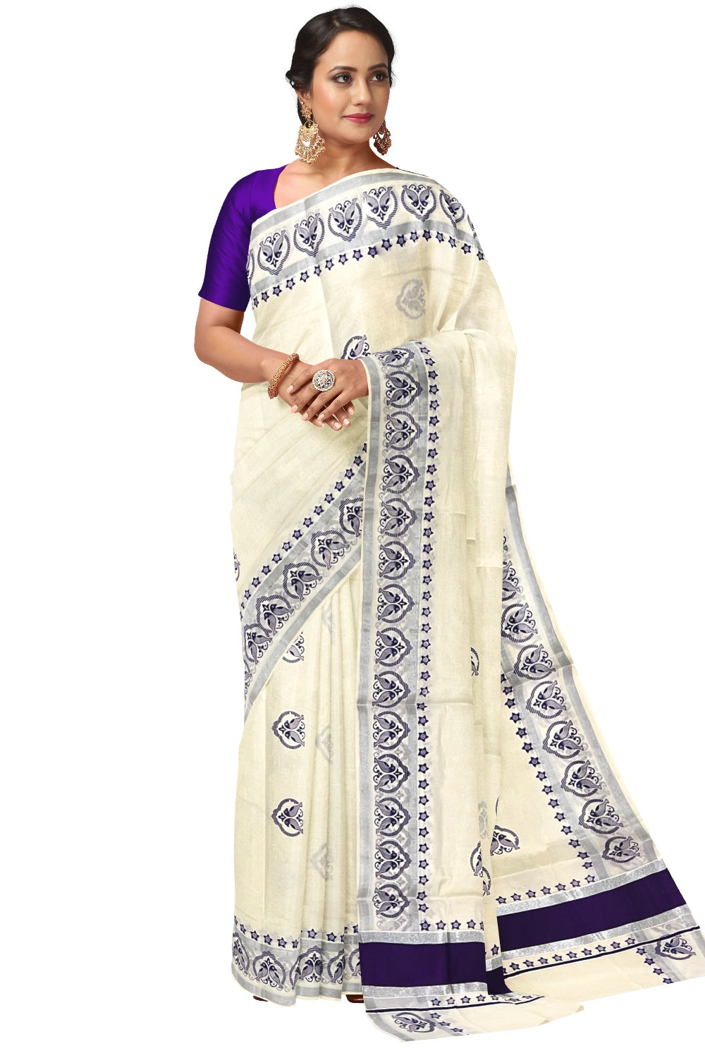 Pure Cotton Kerala Saree with Silver Kasavu Violet Block Prints on Border and Tassels Works