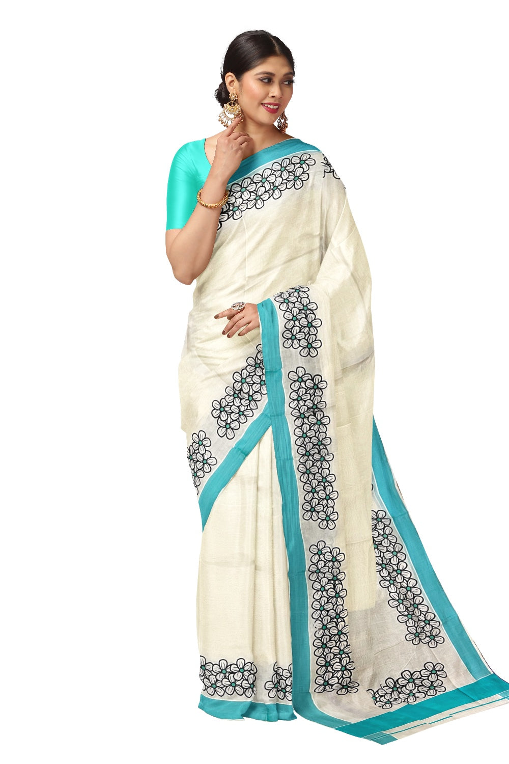 Southloom Onam 2022 Kerala Saree with Black Floral Block Prints and Turquoise Border