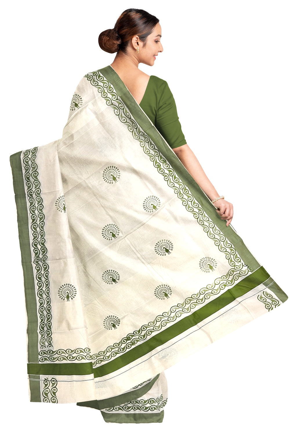 Pure Cotton Kerala Saree with Green Peacock Block Printed Design