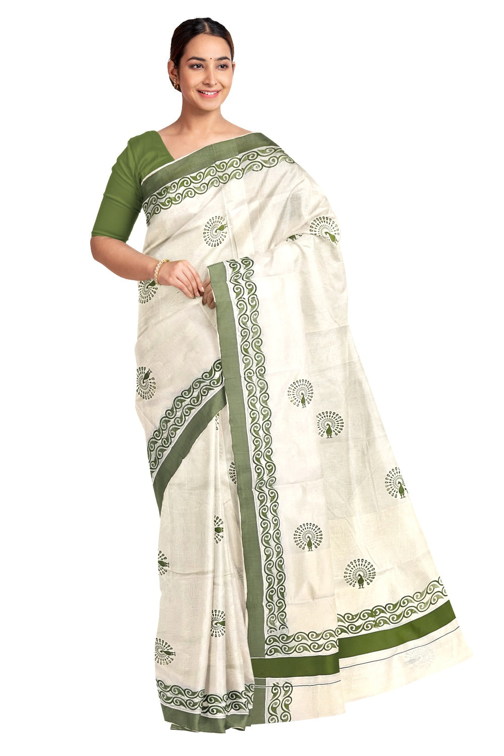 Pure Cotton Kerala Saree with Green Peacock Block Printed Design