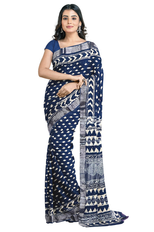 Southloom Linen Designer Saree with White Prints on Blue Body and Tassels on Pallu