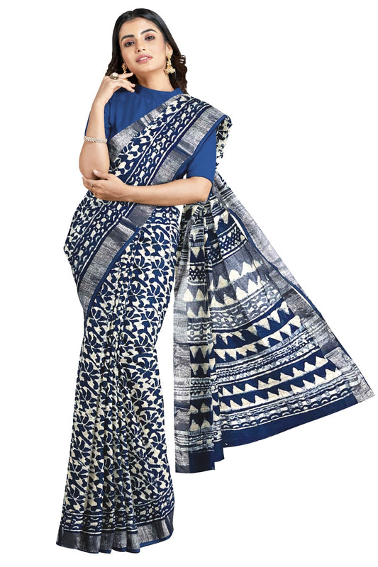 Southloom Linen Designer Saree with White Prints on Blue Body and Tassels on Pallu