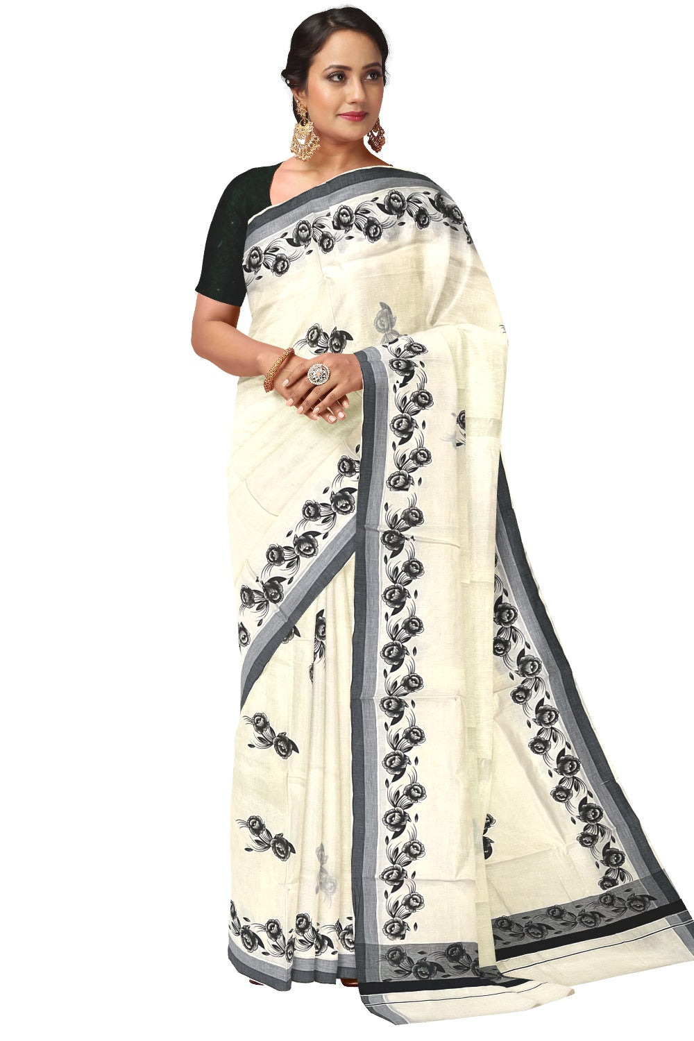Pure Cotton Kerala Saree with Black Floral Block Printed Design