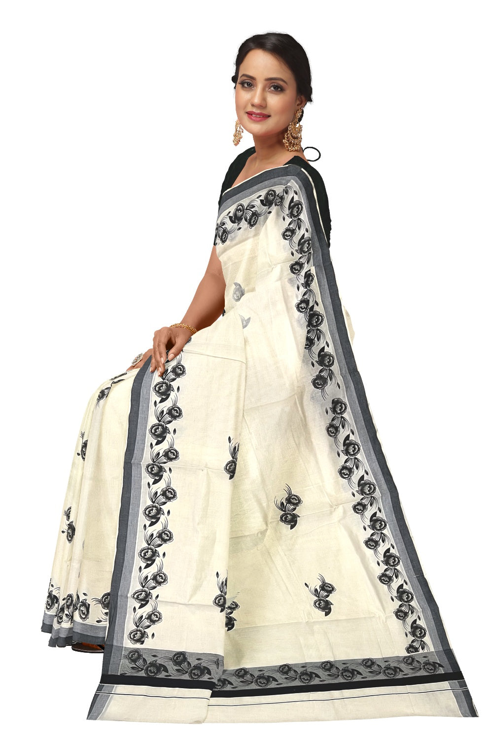 Pure Cotton Kerala Saree with Black Floral Block Printed Design
