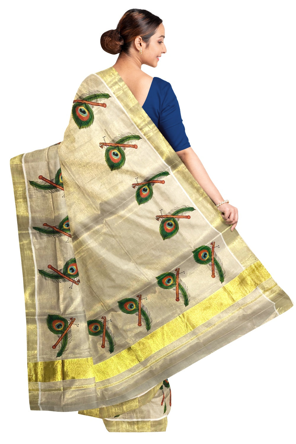 Kerala Tissue Kasavu Saree With Mural Printed Peacock Feather and Flute Design