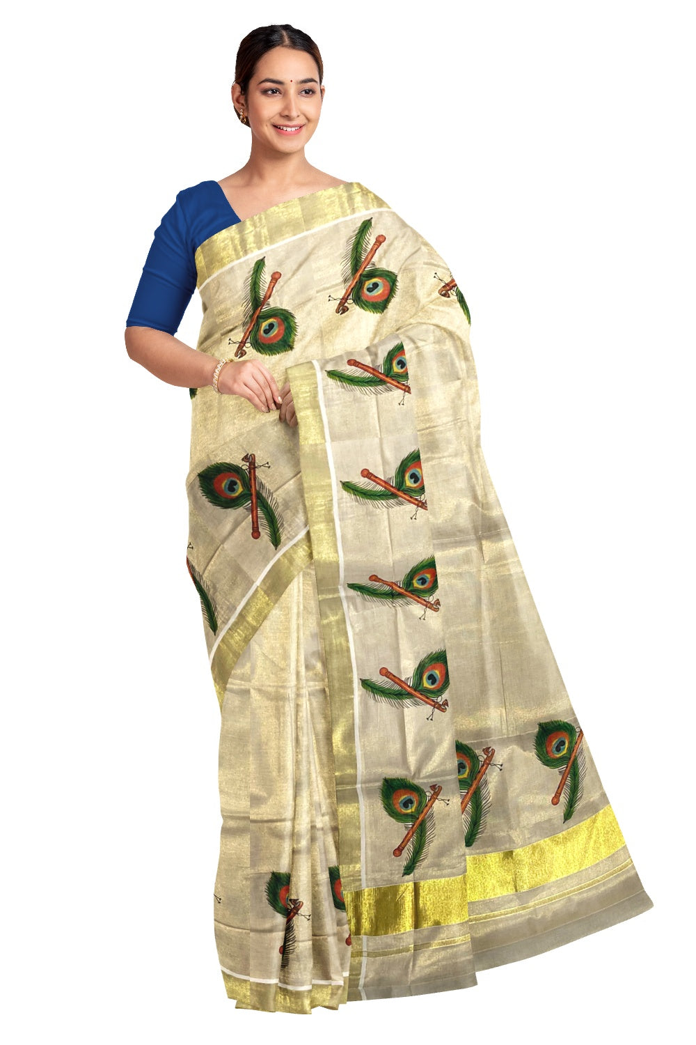 Kerala Tissue Kasavu Saree With Mural Printed Peacock Feather and Flute Design