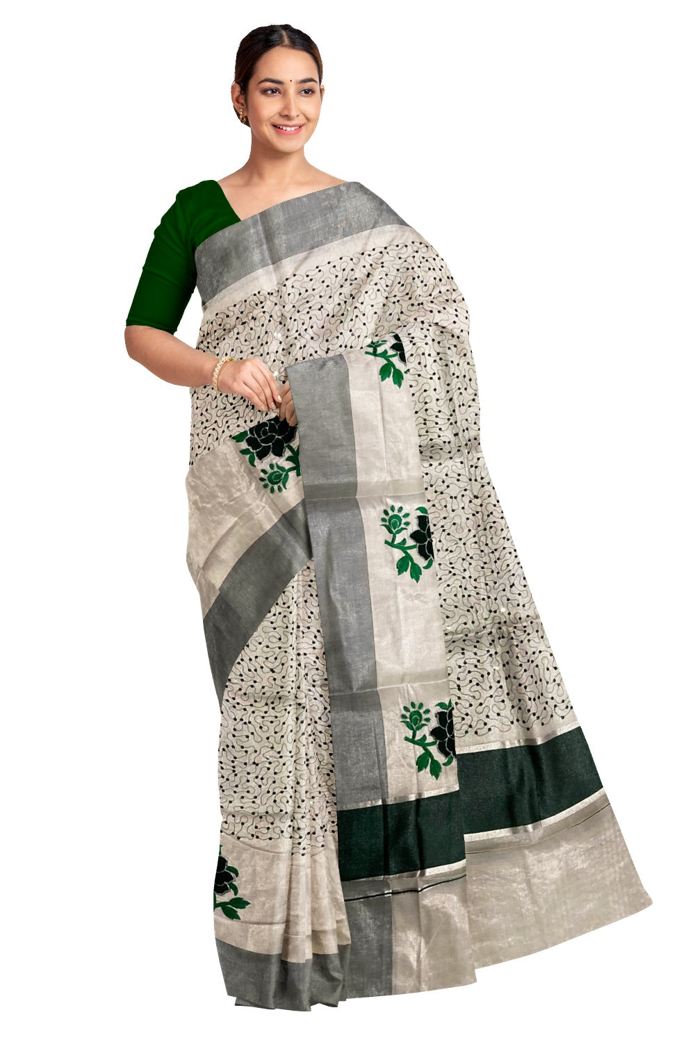 Kerala Silver Tissue Kasavu Saree With Dark Green Embroidered Floral and Sequins Design