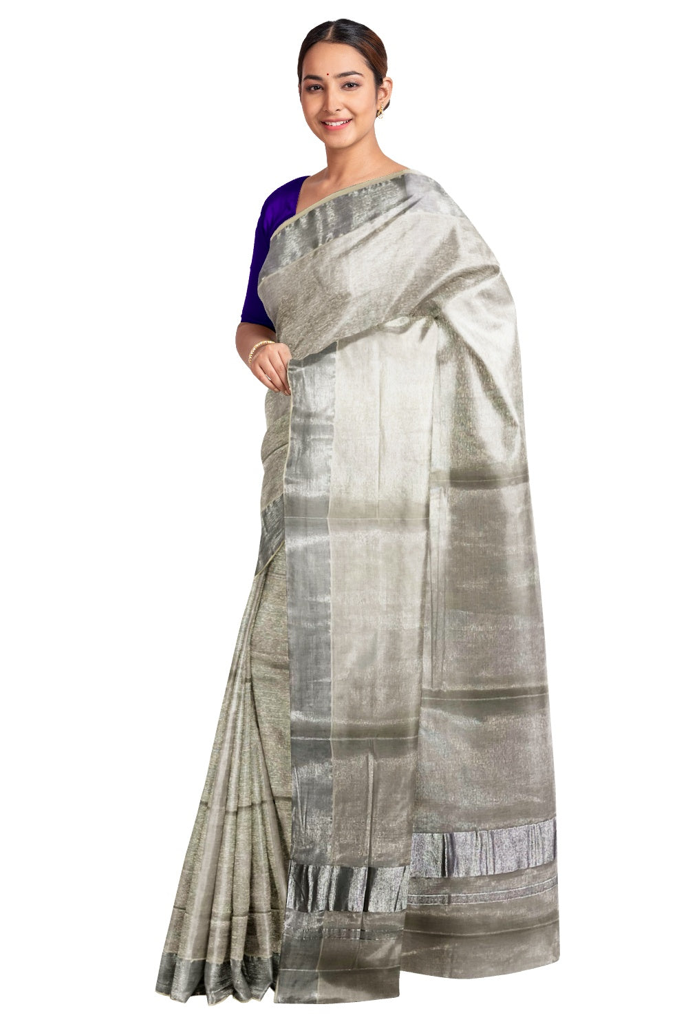 Kerala Plain Silver Tissue Kasavu Saree with 3 inch Pallu