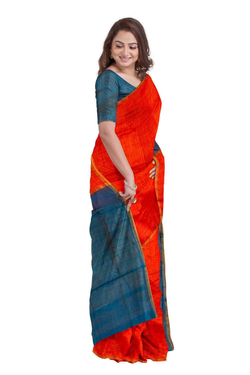 Southloom Kosa / Tussar Dark Orange Saree with Blue Pallu