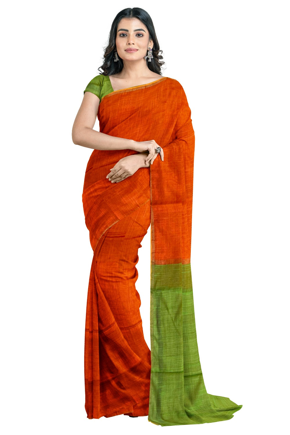 Southloom Kosa / Tussar Orange Saree with Green Pallu