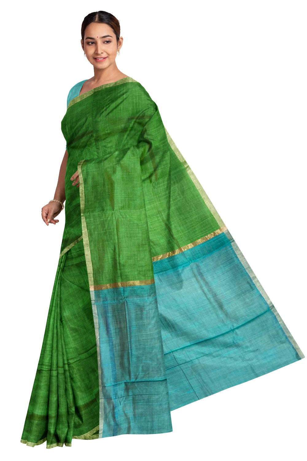 Southloom Kosa / Tussar Green Saree with Blue Pallu