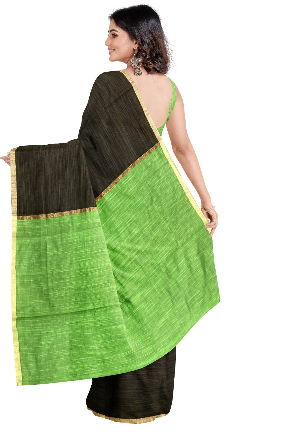 Southloom Kosa / Tussar Black Saree with Green Pallu