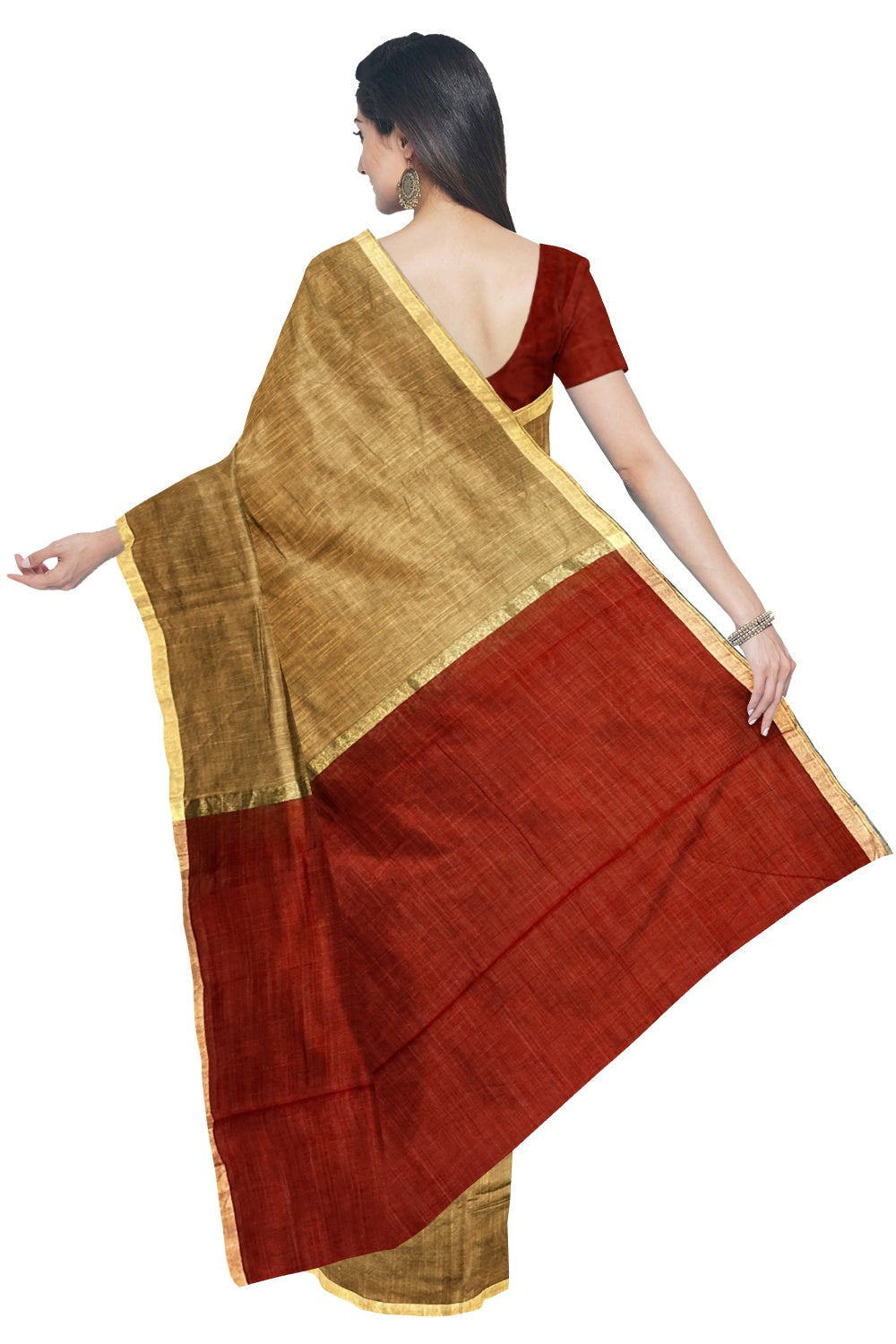 Southloom Kosa / Tussar Work Designer Brownish Gold Saree With Maroon Pallu