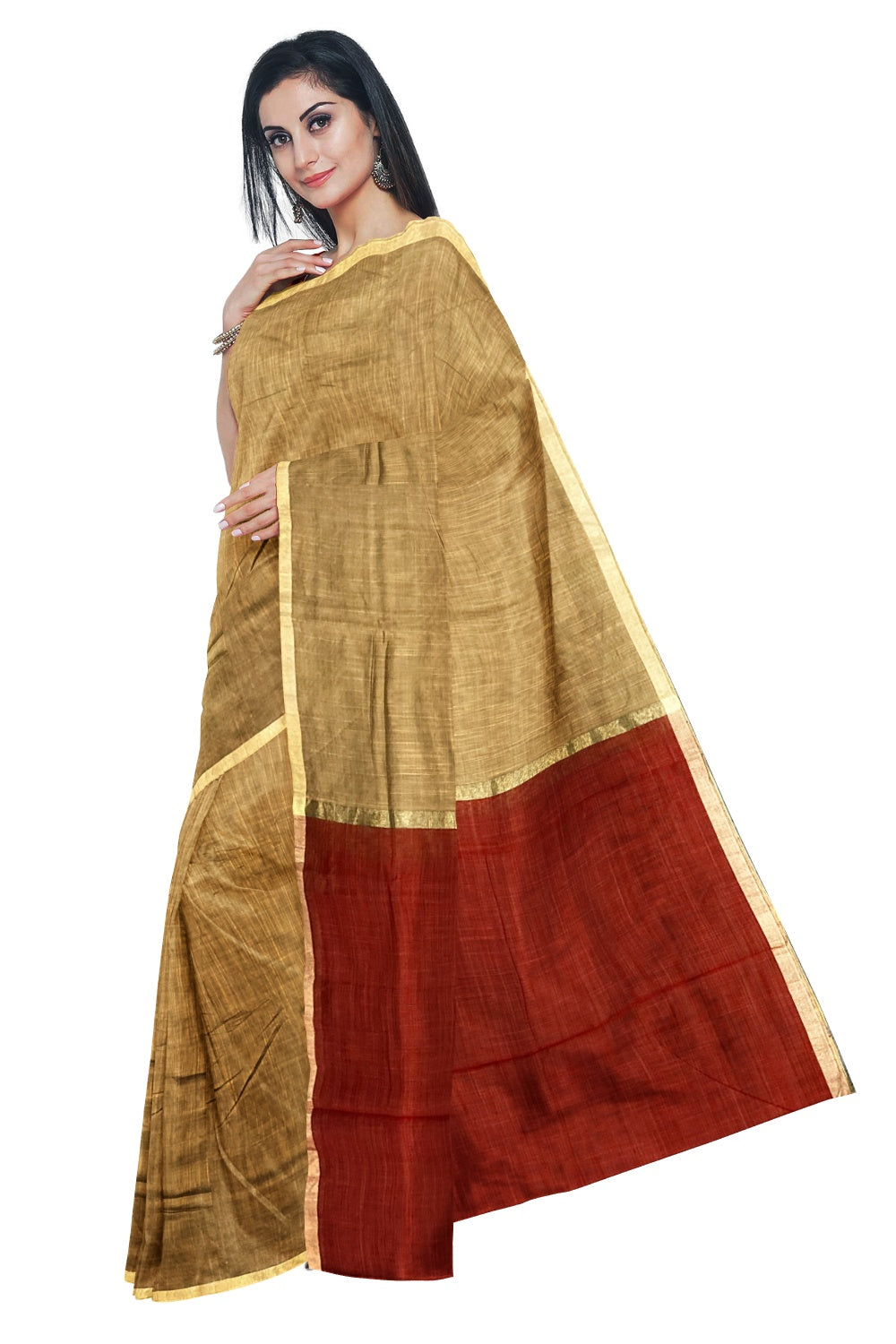 Southloom Kosa / Tussar Work Designer Brownish Gold Saree With Maroon Pallu