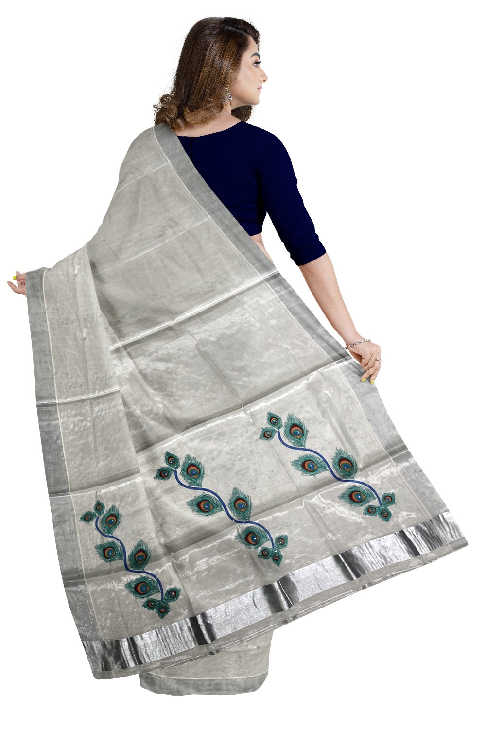 Silver Tissue Kasavu Saree with Mural Peacock Feather Design and Bead Work