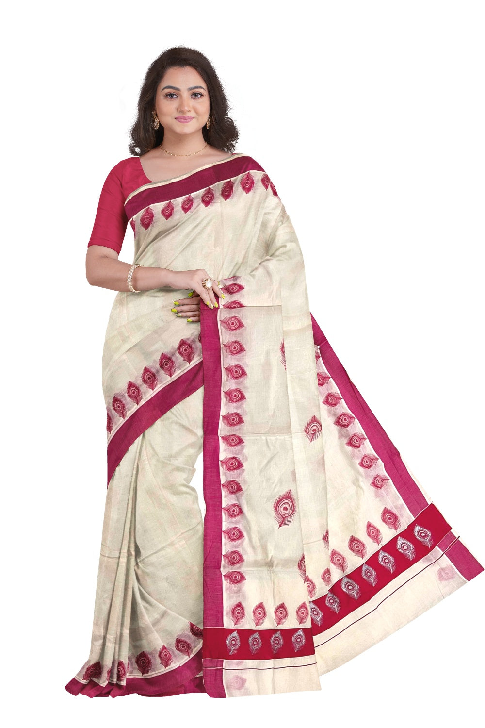 Off White Pure Cotton Kerala Saree with Peacock Feather Block Prints on Dark Pink Border and Tassels on Pallu