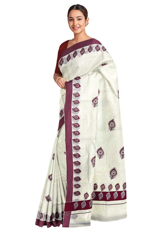 Off White Pure Cotton Kerala Saree with Peacock Feather Block Prints on Maroon Border and Tassels on Pallu