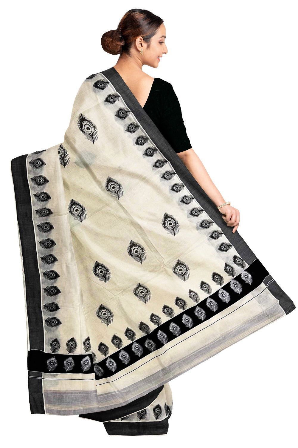 Off White Pure Cotton Kerala Saree with Peacock Feather Block Prints on Black Border and Tassels on Pallu