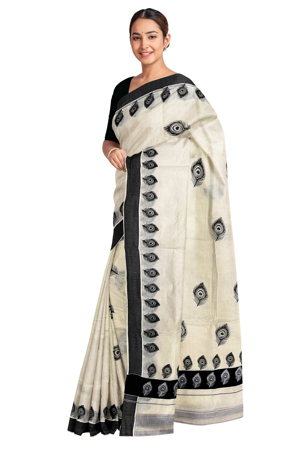 Off White Pure Cotton Kerala Saree with Peacock Feather Block Prints on Black Border and Tassels on Pallu
