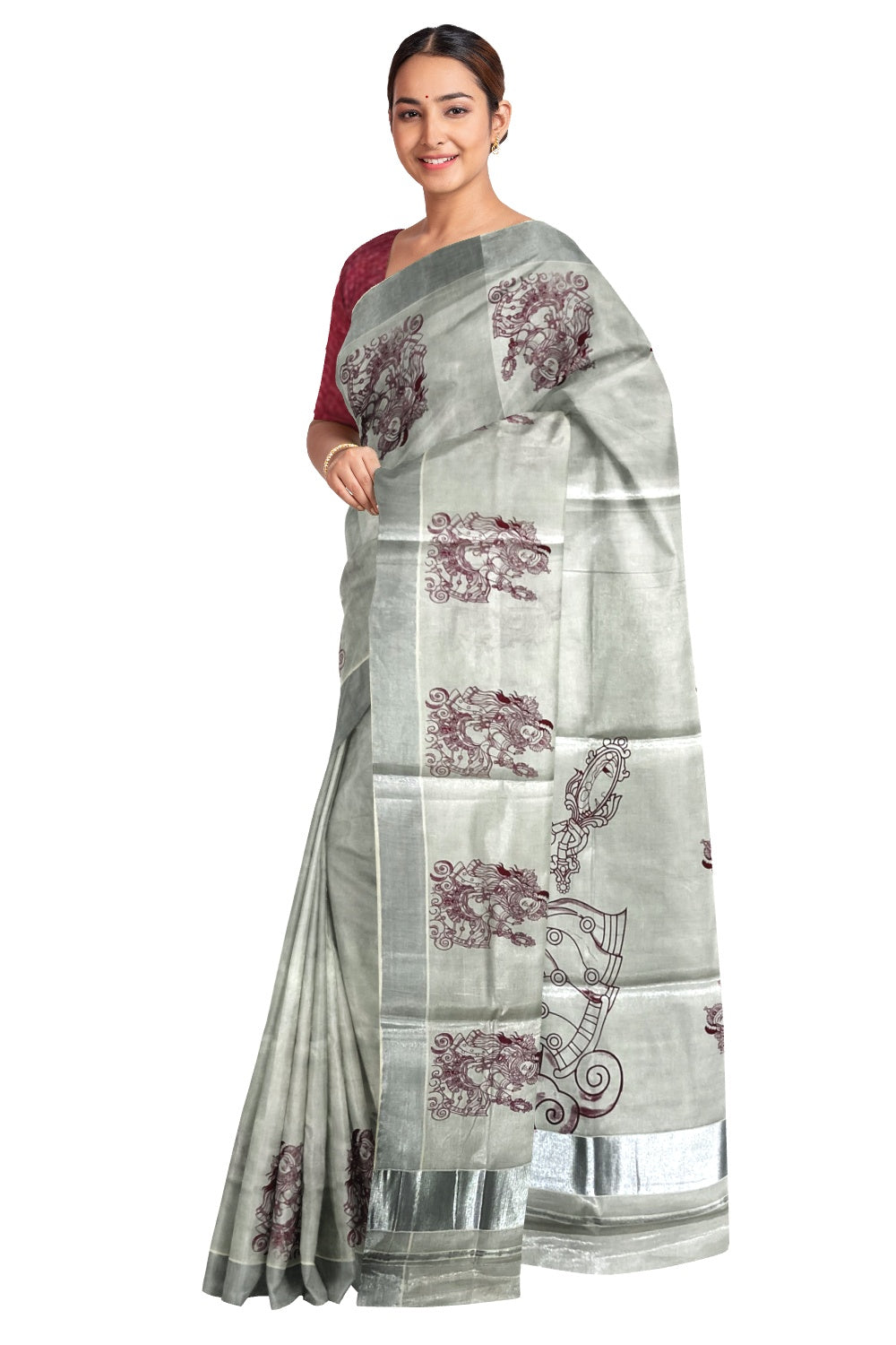 Silver Tissue Saree with Red Krishna Mural Design (With Tassels)