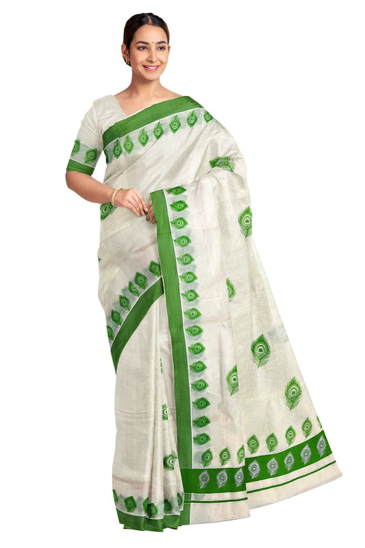 Off White Pure Cotton Kerala Saree with Peacock Feather Block Prints on Light Green Border and Tassels on Pallu