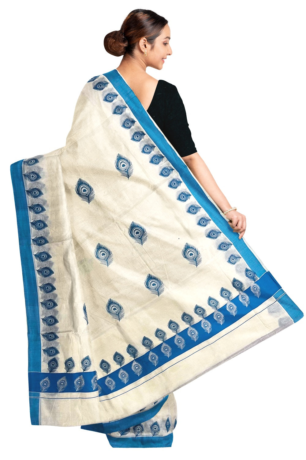 Off White Pure Cotton Kerala Saree with Peacock Feather Block Prints on Blue Border and Tassels on Pallu