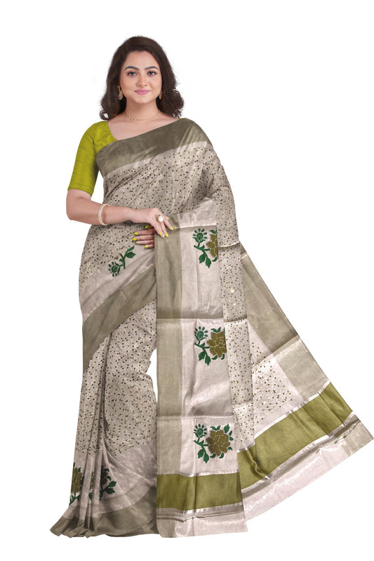 Silver Tissue Kasavu Saree with Olive Green Floral and Sequins Decorative Work