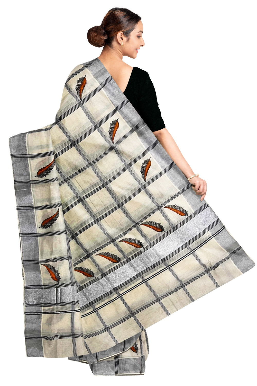 Off White Kerala Cotton Black Checkered Saree with Mural Print and Silver Border
