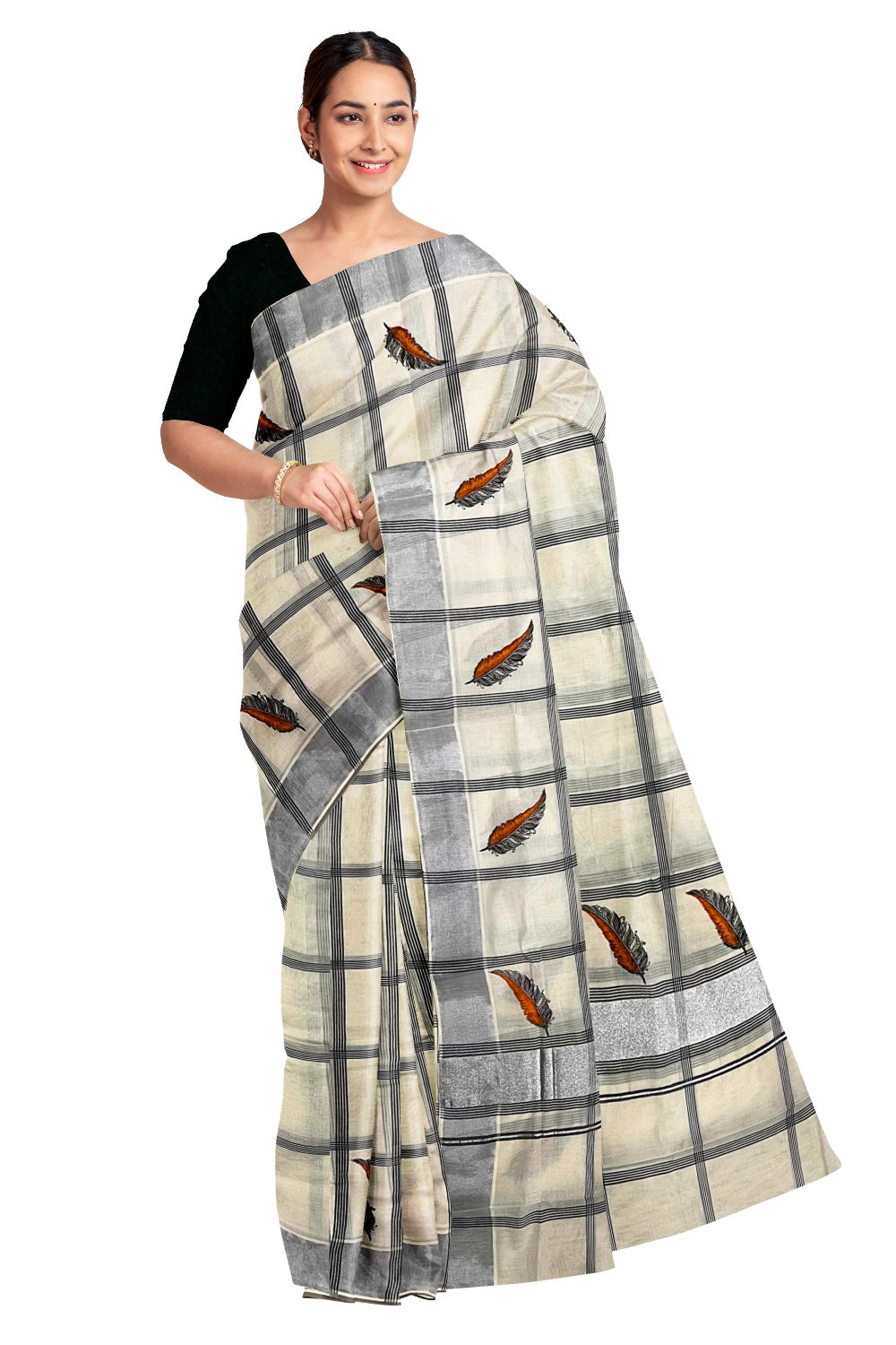 Off White Kerala Cotton Black Checkered Saree with Mural Print and Silver Border