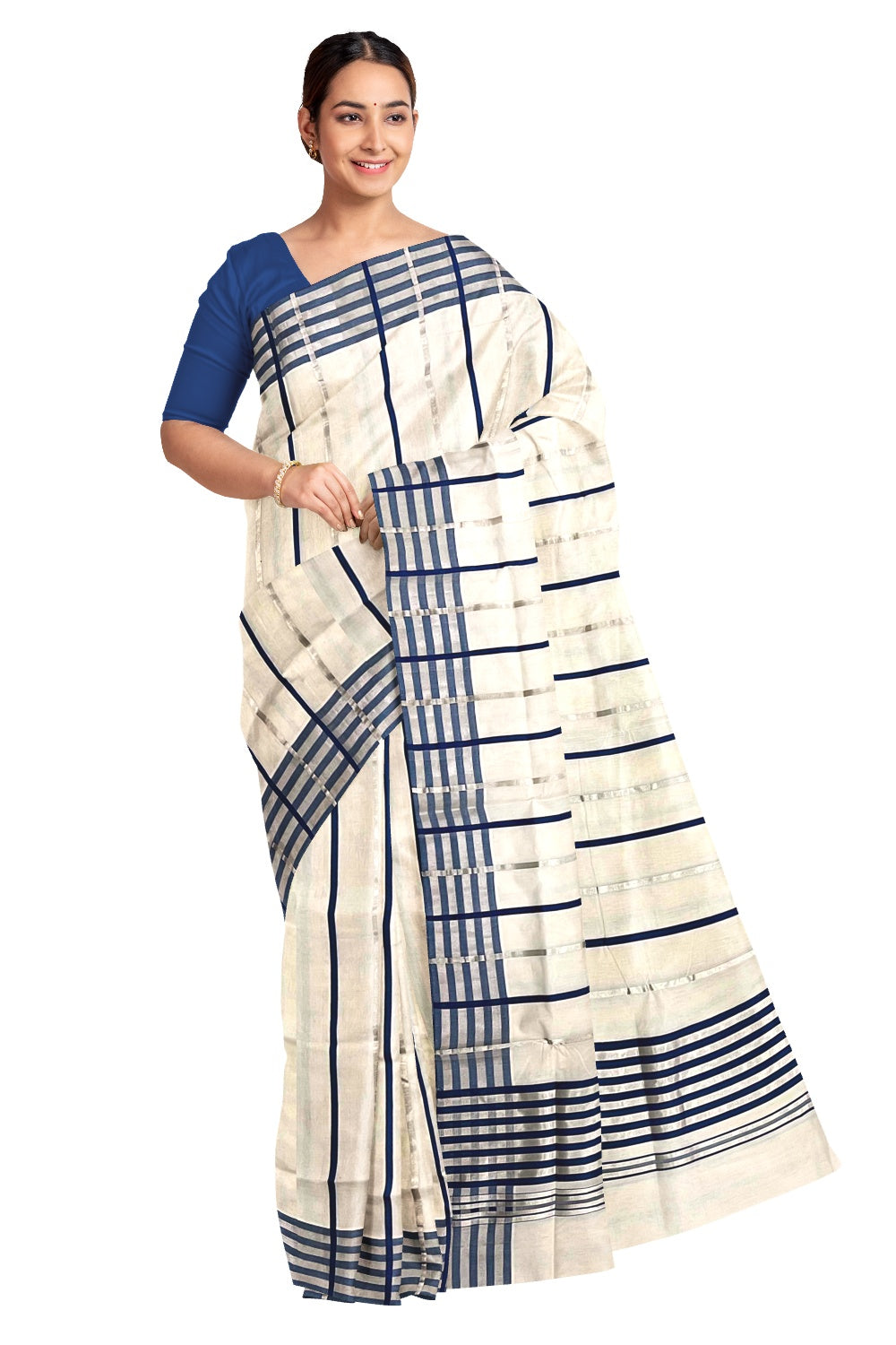 Southloom Premium Handloom Saree with Silver Kasavu and Blue Lines Across Body and Stripes Design Pallu