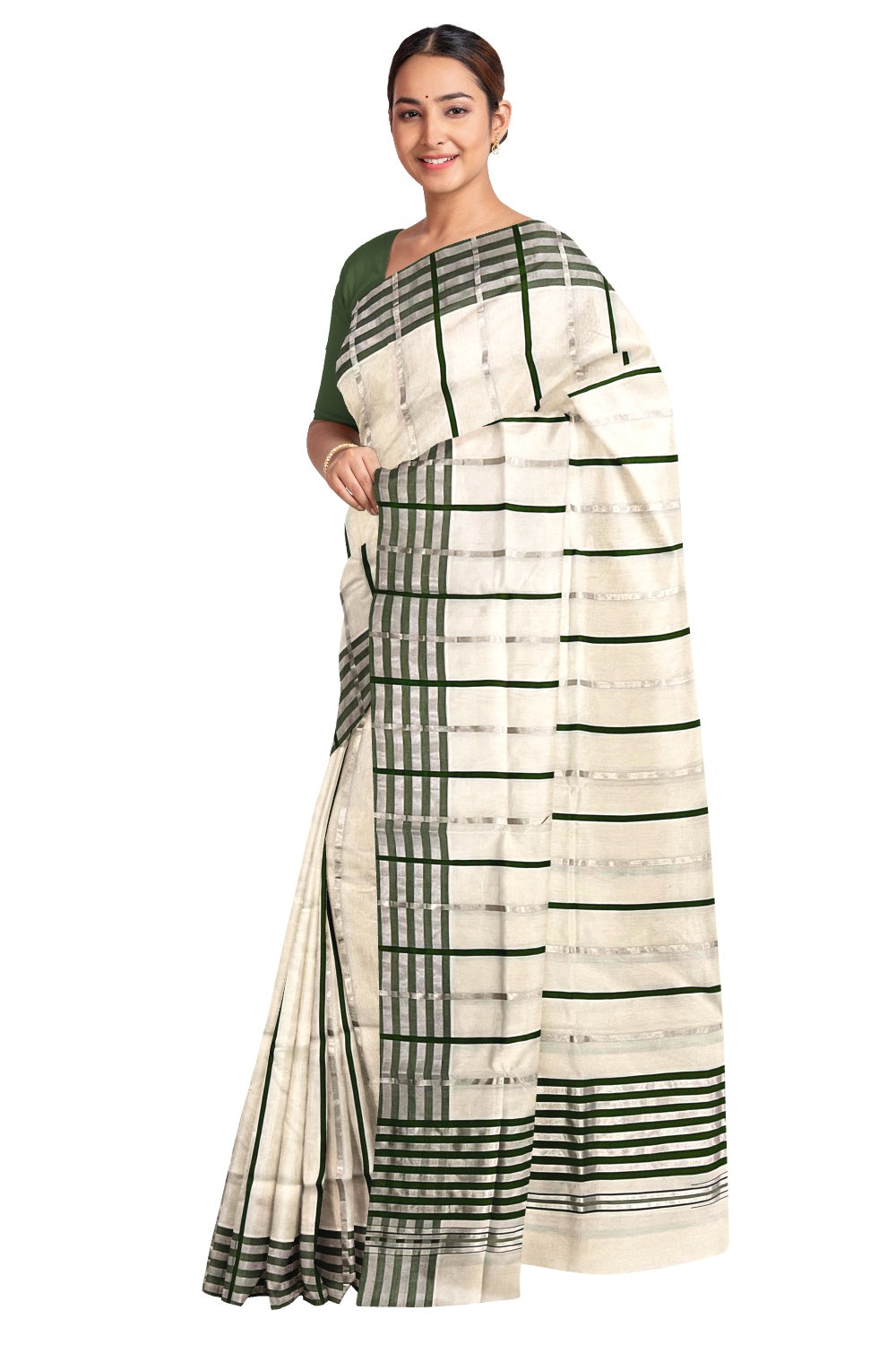 Southloom Premium Handloom Saree with Silver Kasavu and Green Lines Across Body and Lines Design Pallu