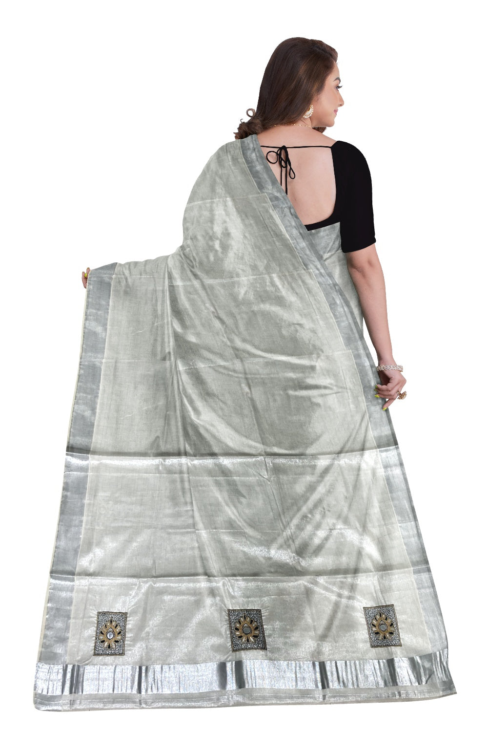 Silver Kasavu Tissue Saree with Black and Gold Bead Work (Blouse Piece with Work Included)