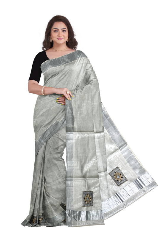 Silver Kasavu Tissue Saree with Black and Gold Bead Work (Blouse Piece with Work Included)