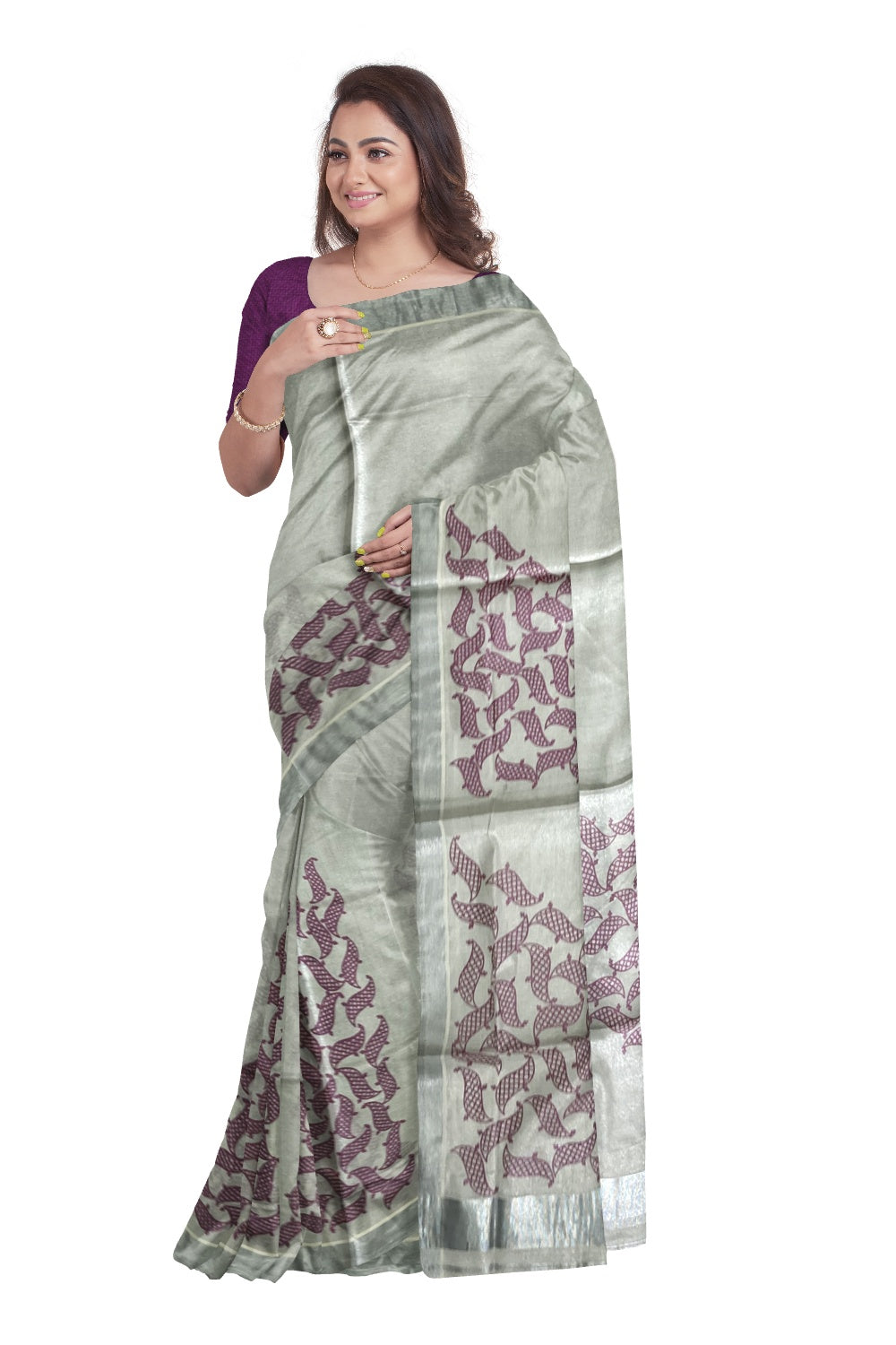 Silver Tissue Kasavu Saree with Purple Mural Print