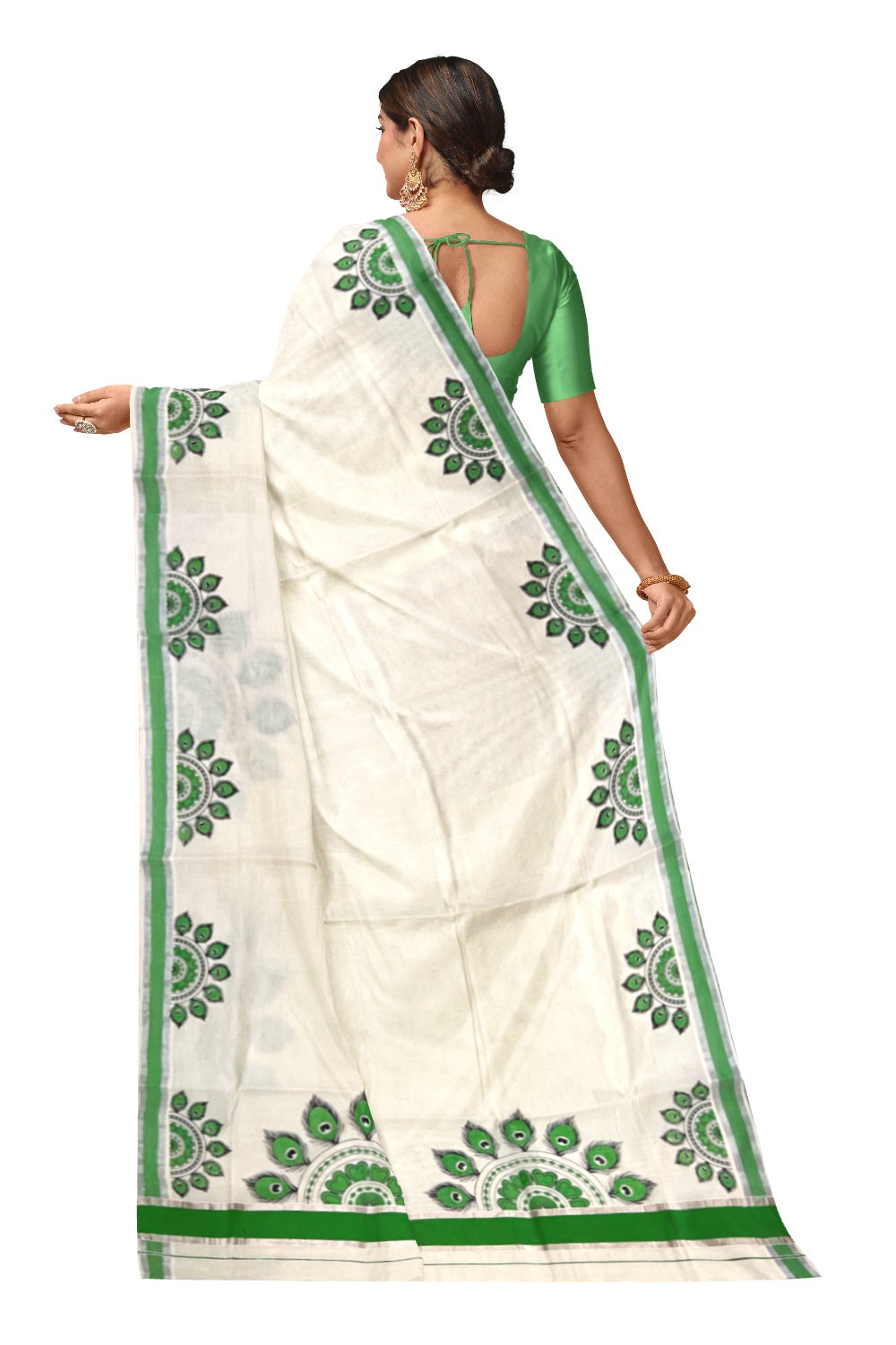 Pure Cotton Kerala Saree with Mural Printed Light Green Feather Semi Circle in Light Green and Silver Kasavu Border