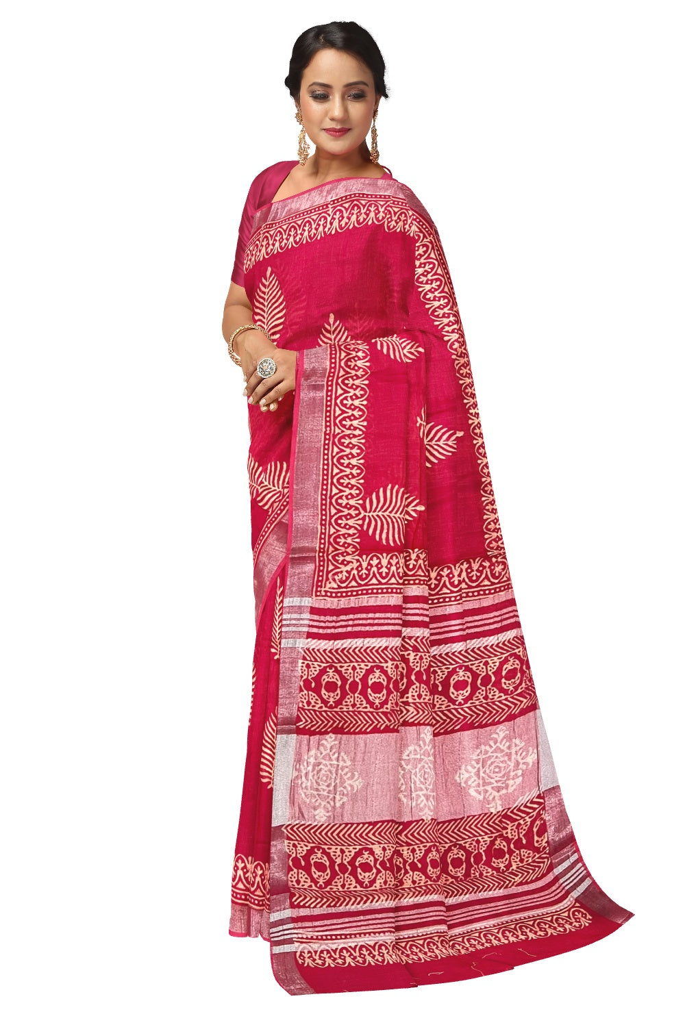 Southloom Linen Pinkish Red Designer Saree with White Prints and Tassels on Pallu