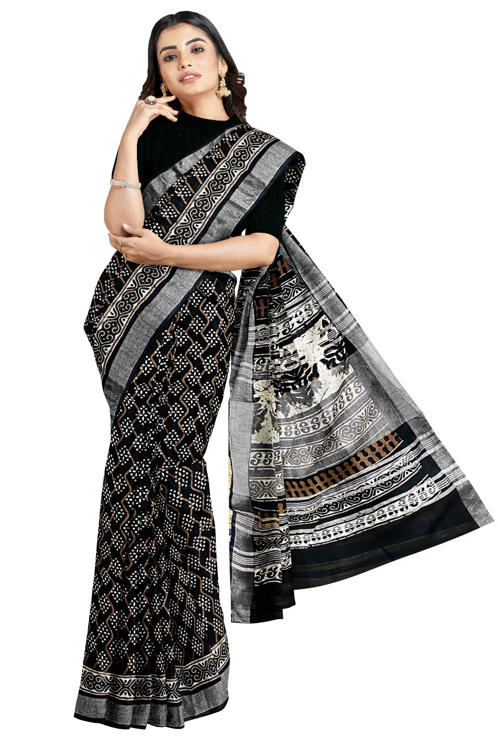 Southloom Linen Black Saree with White Designer Prints and Tassels on Pallu