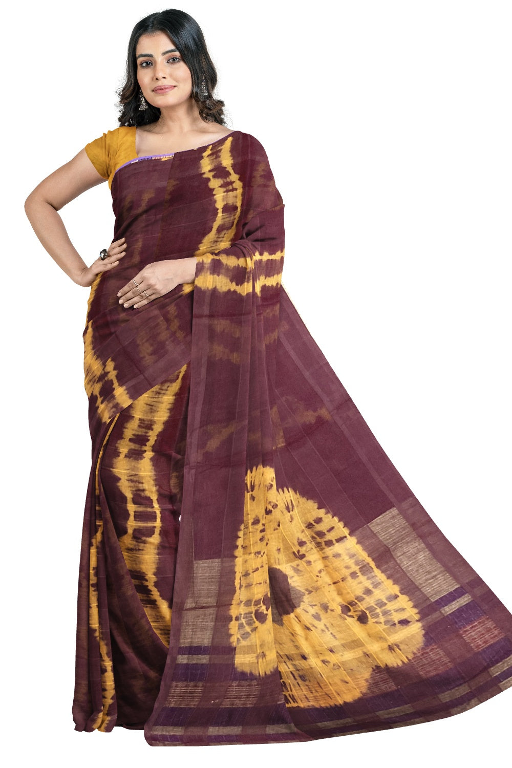 Southloom Cotton Dark Brown Yellow with Saree Yellow Blouse Piece
