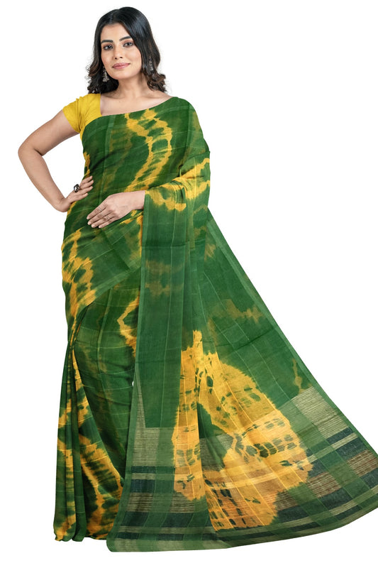 Southloom Cotton Green Yellow Saree with Yellow Blouse Piece