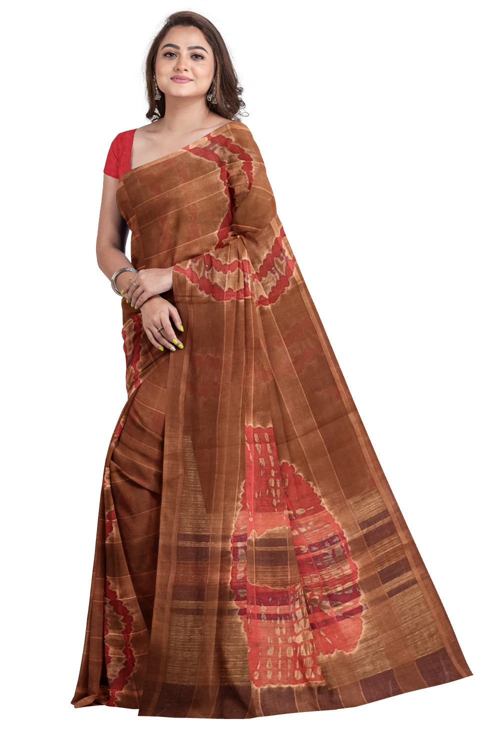 Southloom Cotton Dark Orange Red Saree with Red Blouse Piece