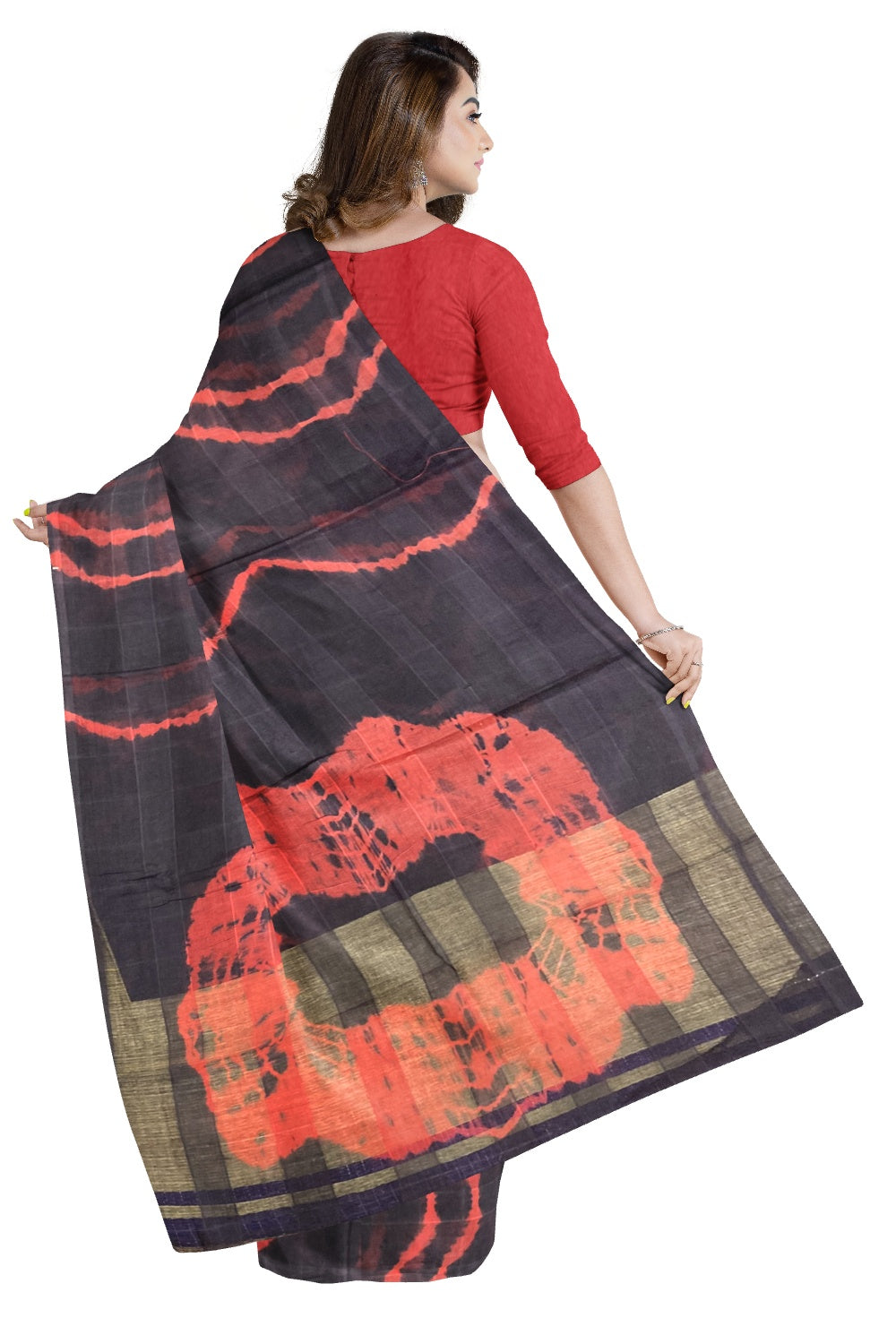 Southloom Cotton Navy Blue Red Saree with Red Blouse Piece