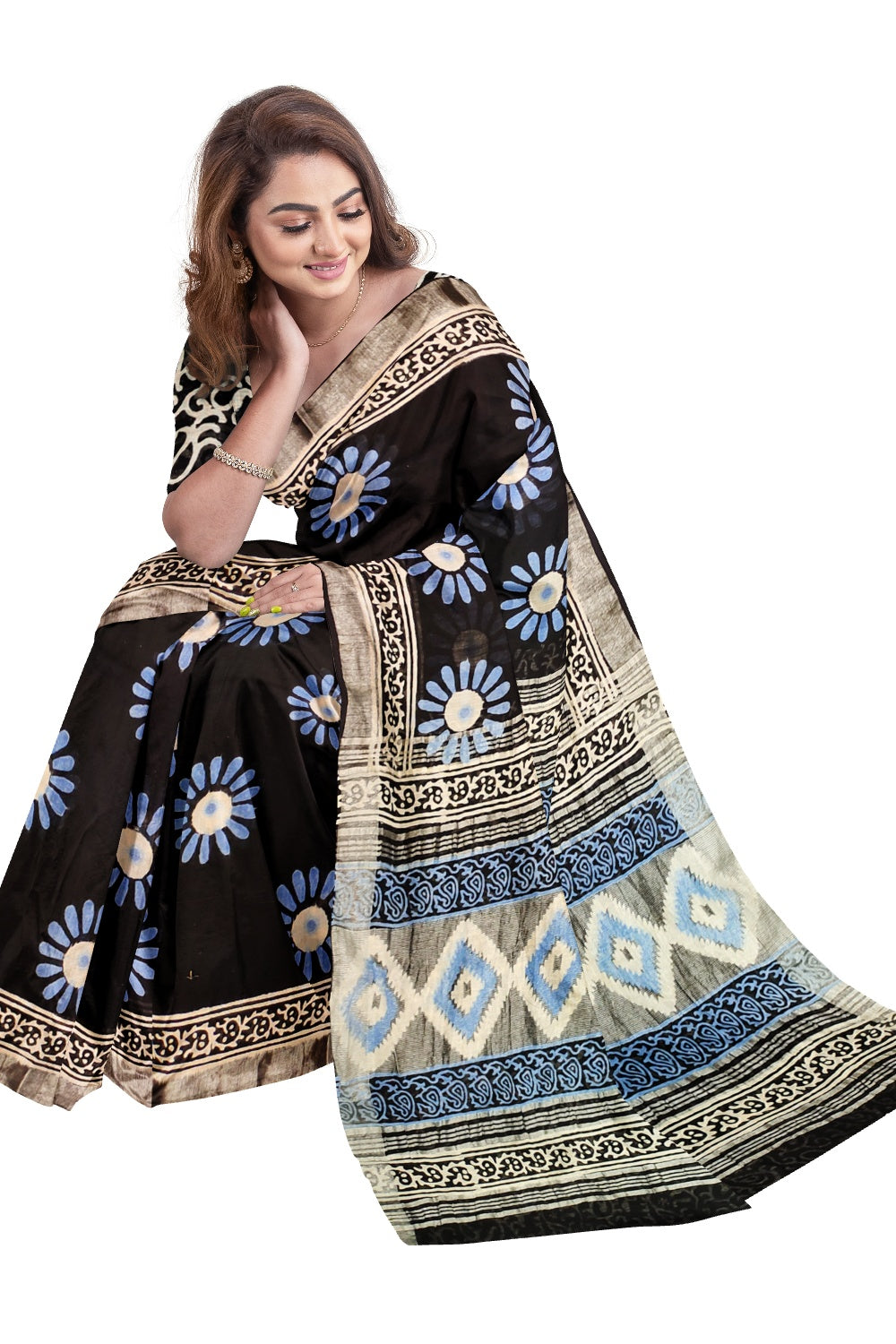 Southloom Linen Black and Blue Designer Saree