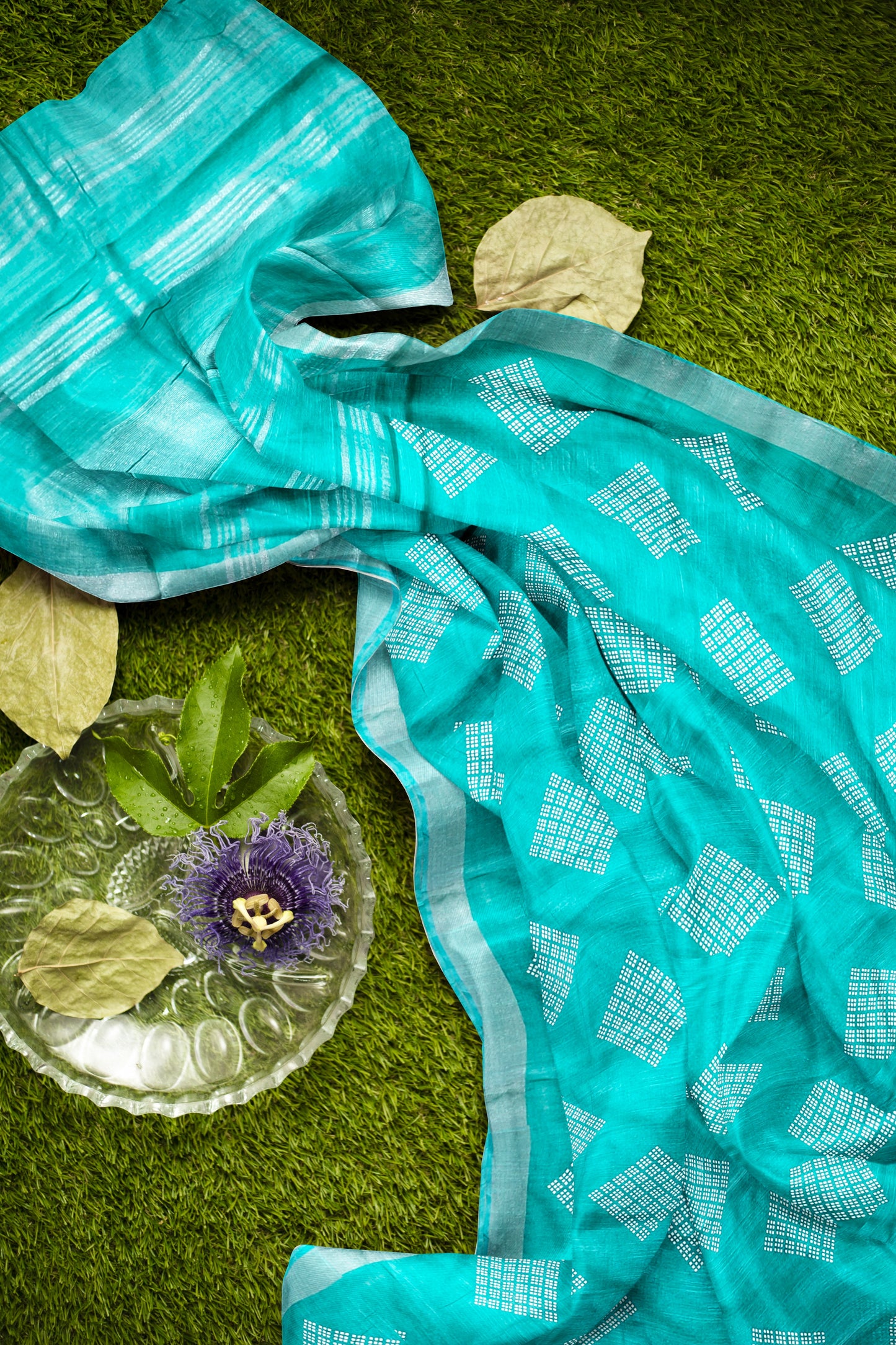 Southloom Linen Cotton Turquoise Designer Saree