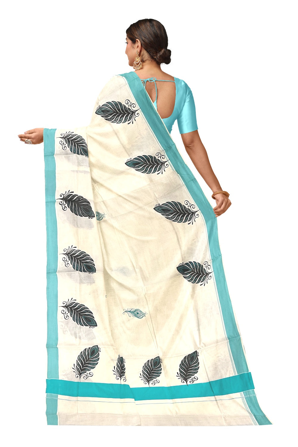 Pure Cotton Kerala Saree with Feather Block Printed Design and Turquoise Border