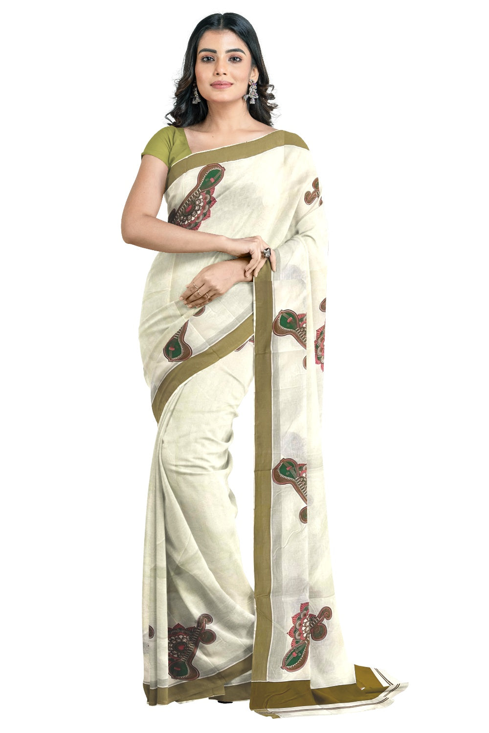 Pure Cotton Kerala Olive Border Saree with Mural Veena and Floral Design