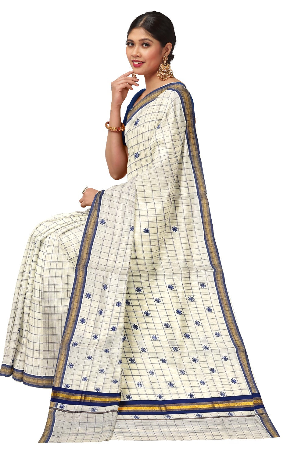 Pure Cotton Kerala Checkered Saree with Blue Block Prints and Kasavu Border