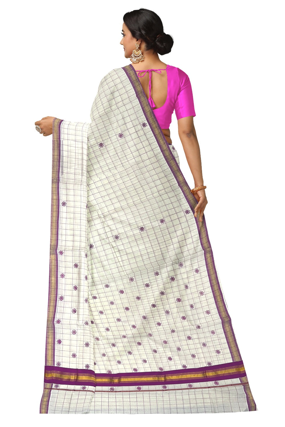 Pure Cotton Kerala Checkered Saree with Magenta Block Prints and Kasavu Border