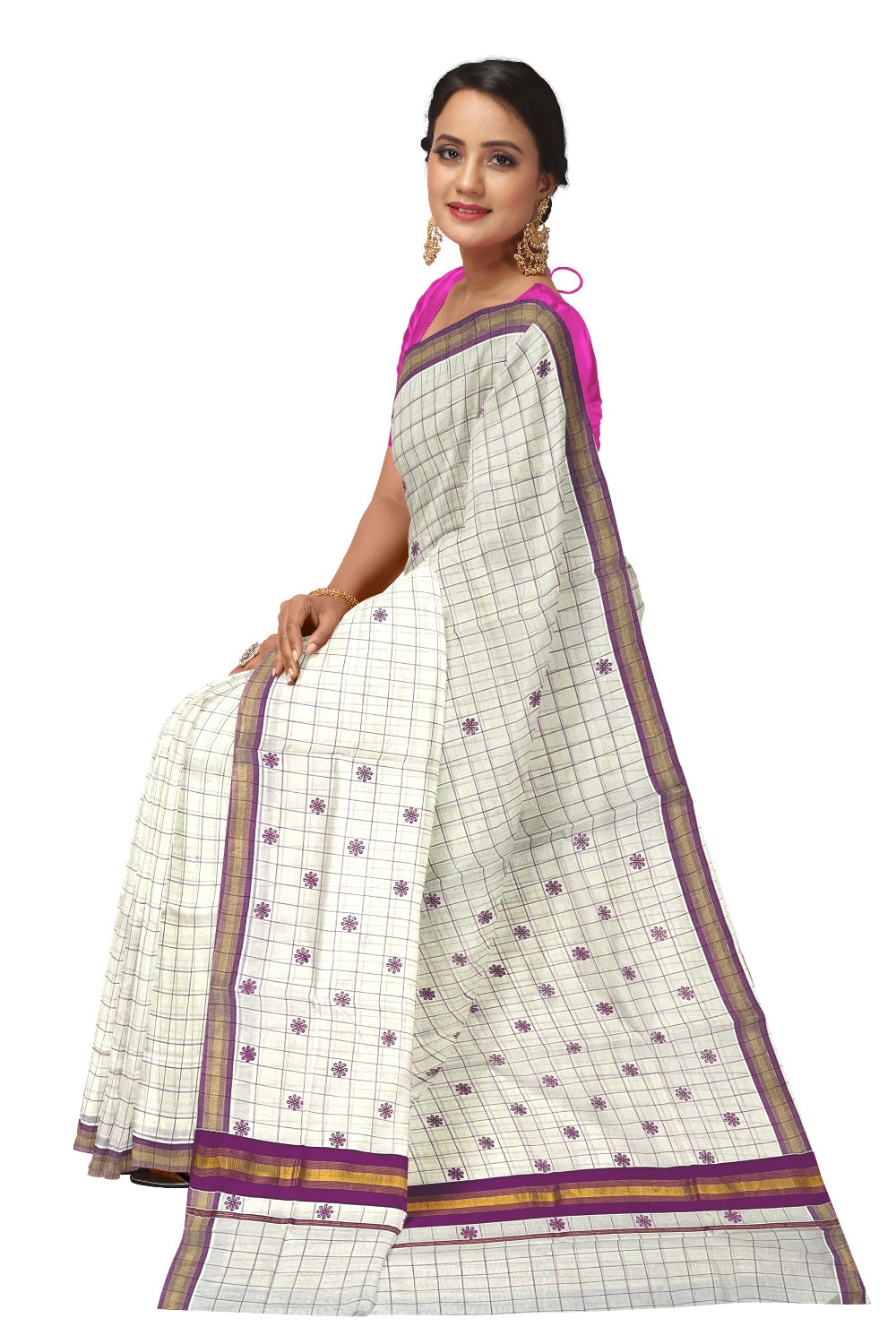 Pure Cotton Kerala Checkered Saree with Magenta Block Prints and Kasavu Border