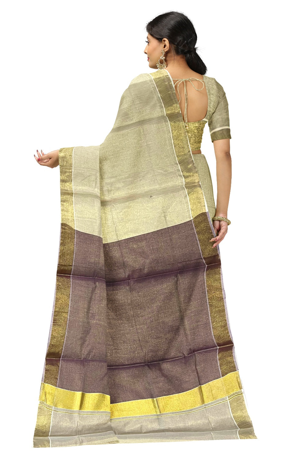 Kerala Tissue Kasavu Half and Half Maroon Golden Coloured Saree
