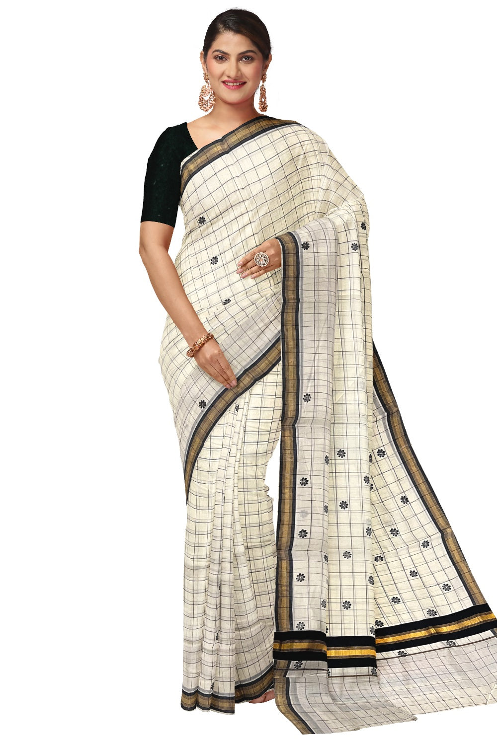 Pure Cotton Kerala Checkered Saree with Black Block Prints and Kasavu Border